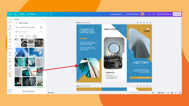 Canva image editing interface with an arrow showing that you can used approved DAM assets in the library straight into the canvas editor via the integration over an orange background