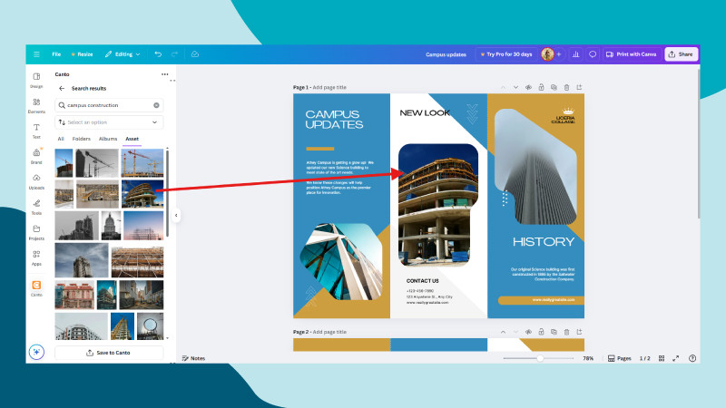 Canva image editing interface with an arrow showing that you can used approved DAM assets in the library straight into the canvas editor via the integration over a blue background.