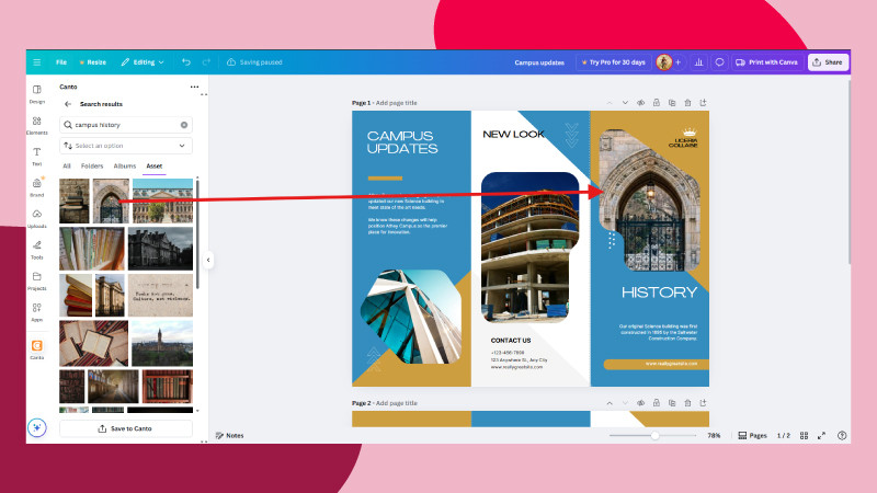 Canva image editing interface with an arrow showing that you can used approved DAM assets in the library straight into the canvas editor via the integration over a red background. 