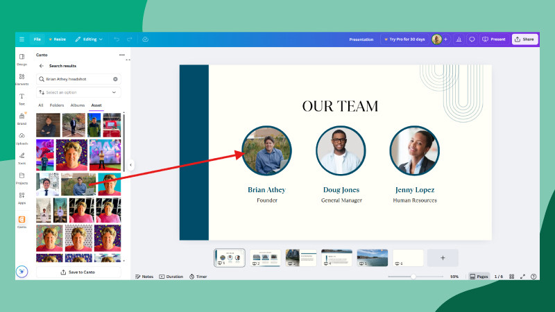 Canva image editing interface with an arrow showing that you can use specific metadata to find the exact person/place/object assets in the library straight into the canvas editor via the integration over a green background