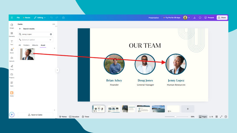 Canva image editing interface with an arrow showing that you can use specific metadata to find the exact person/place/object assets in the library straight into the canvas editor via the integration over a blue background