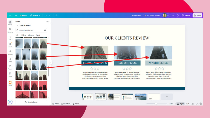 Canva image editing interface with an arrow showing that you can use specific metadata to find the exact campaigns or client reviews within the assets in the library straight into the canvas editor via the integration over a red background