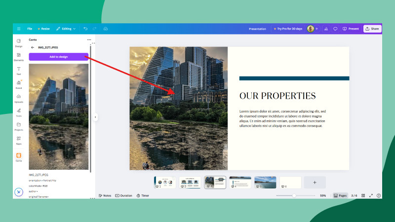Canva image editing interface with an arrow showing that you can use specific metadata to find the exact campaigns or client reviews within the assets in the library straight into the canvas editor via the integration over a green background