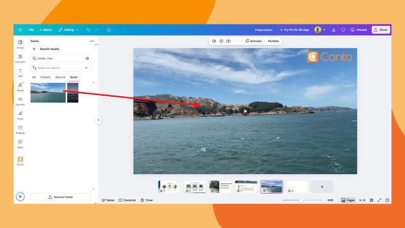 Canva image editing interface with an arrow showing that you can use specific metadata to find the exact person/place/object assets in the library straight into the canvas editor via the integration over a blue background