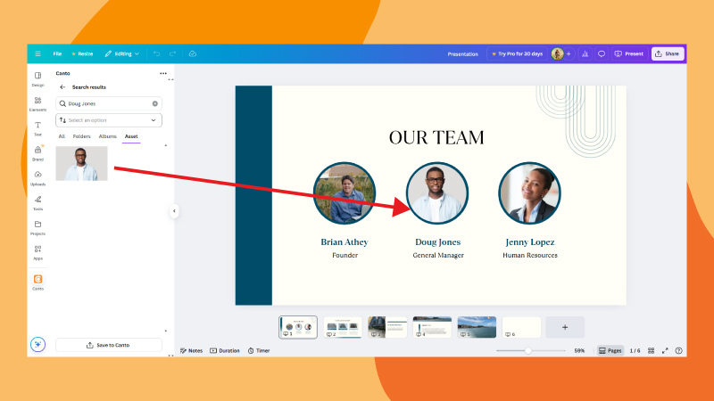 Canva image editing interface with an arrow showing that you can use specific metadata to find the exact person/place/object assets in the library straight into the canvas editor via the integration over a orange background