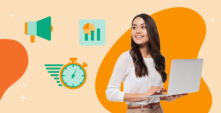 Woman on laptop smiling with green illustrated icons of a megaphone, statistics and a timer over an orange background.