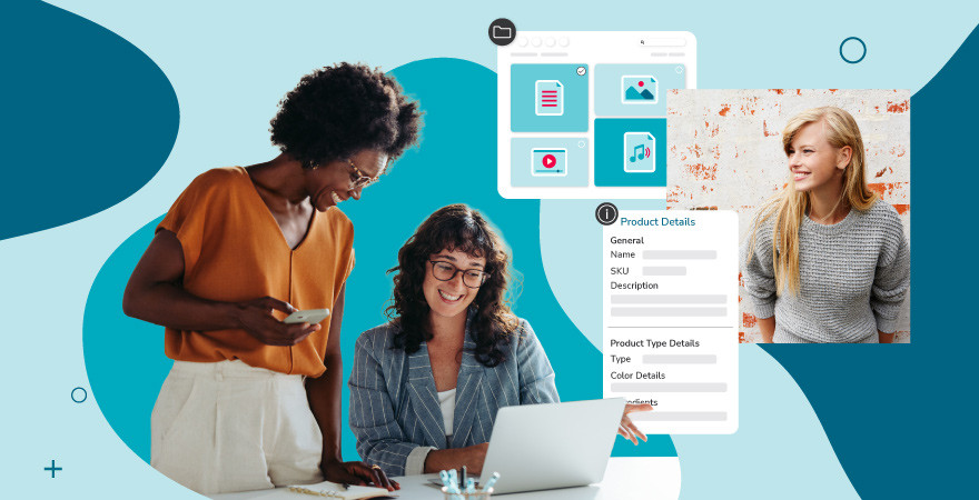 Two women on laptop with a three layered images of a model, DAM system, and product details over a blue background