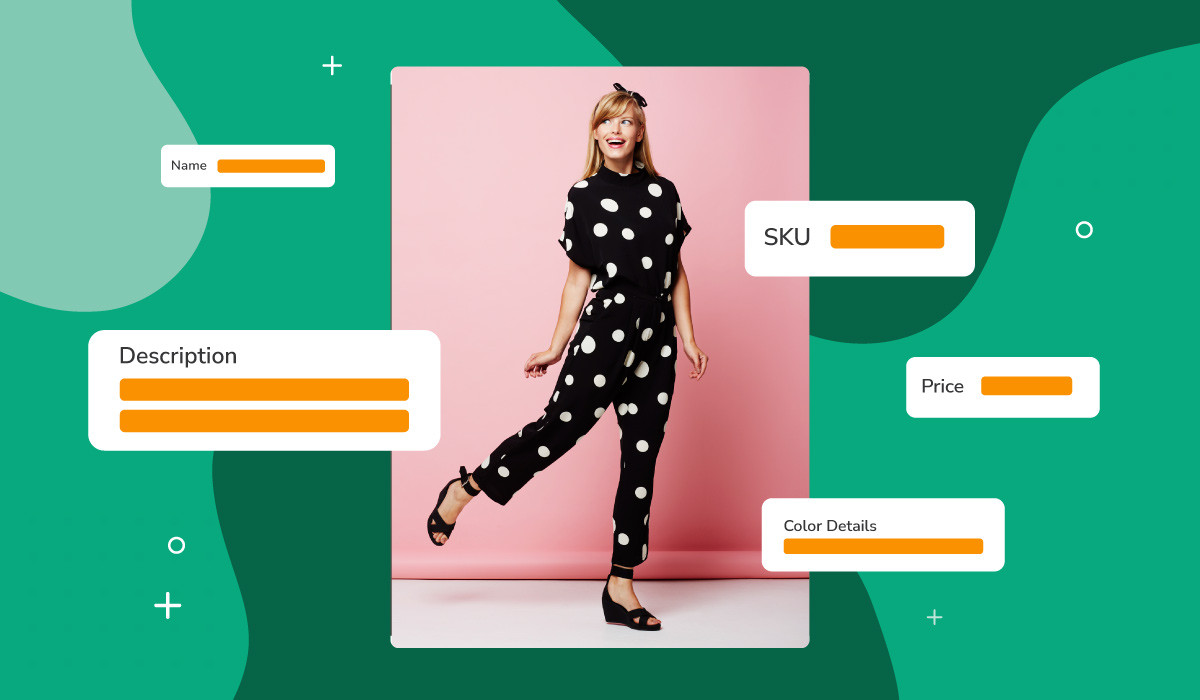 A model in a polkadot outfit posing over pink background with icon text blocks with product details float around her over a green background