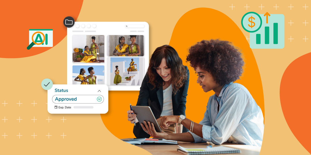 Two women collaborate on a tablet in a modern workspace, reviewing approved marketing assets, with digital overlays showing status updates and AI-powered search. Icons for revenue growth and AI tools emphasize strategic content management amid economic uncertainty.
