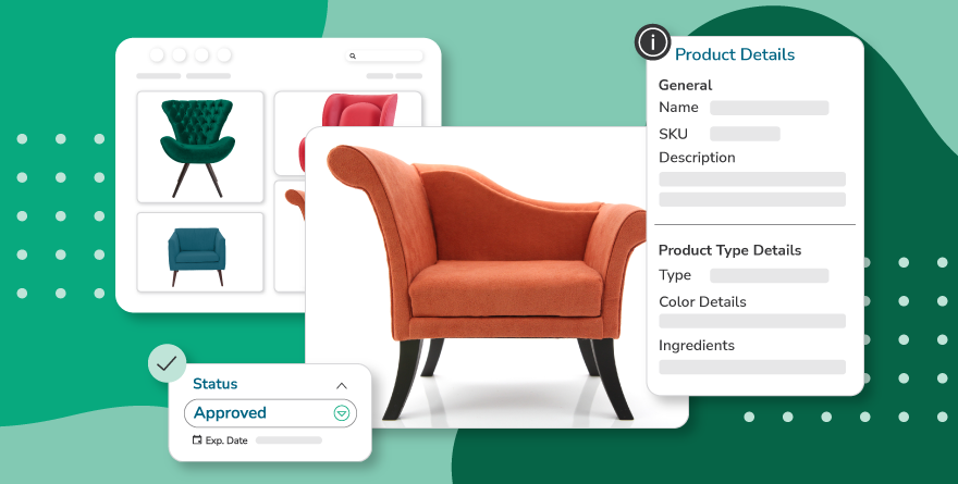 A layered image of a DAM asset library with images of funky colorful lounge chairs, along with approved status and product detail information floating around a large image of an orange chair all over a green background