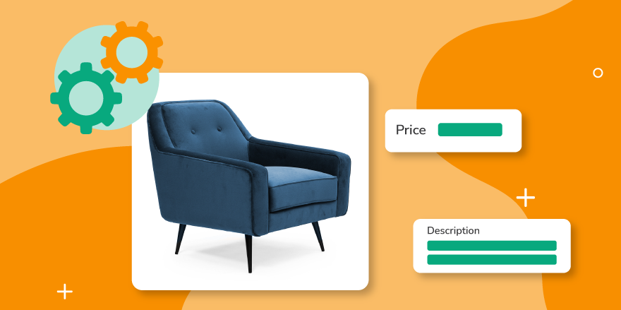 A large image of a blue lounge chair with a green gear icon floating above and two text/illustrations that read 'price' and 'description' for the product all over an orange background