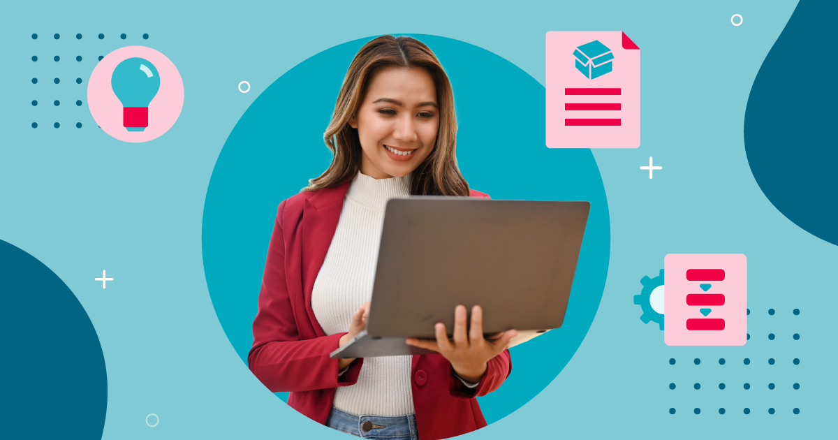 A woman in a red jacket smiles at her laptop with red icons of a lightbulb, DAM system and a product metadata all over a blue background