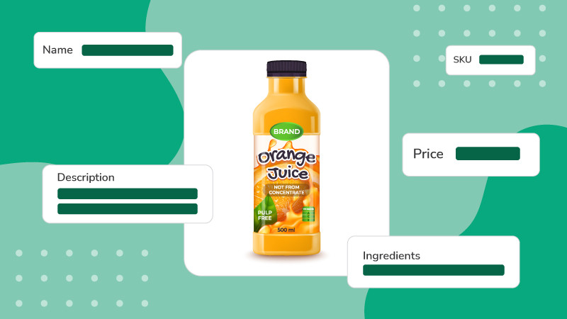 An image of an Orange Juice drink with illustrated icons of different product information aspects: name, description, price, SKU, and ingredients all over a green background