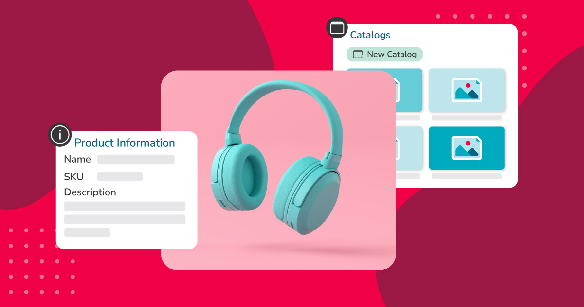 a three layered image of blue headphones over a pink background with illustrated images of product info details and DAM system fall on either side all over a red background
