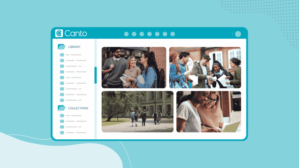 DAM interface on a light blue background showing students on a college campus.