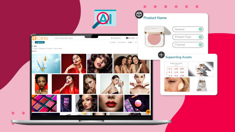 a laptop with images of models and makeup products in a digital asset management system and blush product information. with a blue icon of AI Search all over a red background.