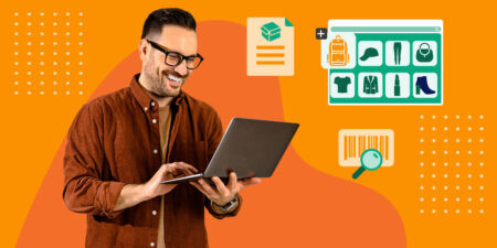 A man in a red and black flannel smiles down at his computer screen with illustrated images of a DAM for products system and orange icons of search bars and file sharing over an orange background