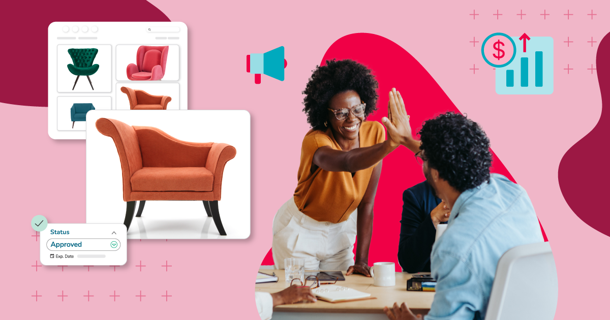 Two co-workers congratulating each other, product images of furniture in the background.