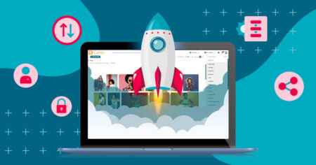 An image of an illustrated rocket taking off from a computer screen with red icons of digital asset implementations over a blue background