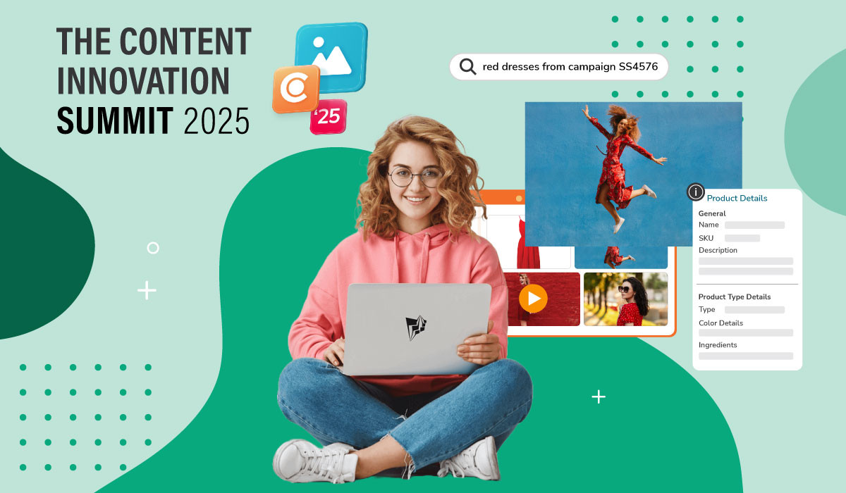 Promotional graphic for the Content Innovation Summit 2025. A smiling woman in a pink hoodie sits cross-legged with a laptop, surrounded by digital asset icons, a search bar reading “red dresses from campaign SS4576,” product detail overlays, and red dress media previews. The image visually represents how content innovation streamlines search, organization, and activation of digital assets across campaigns.