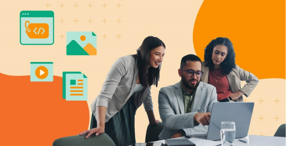 Three people look at a laptop, icons representing different types of metadata float behind them over an orange background