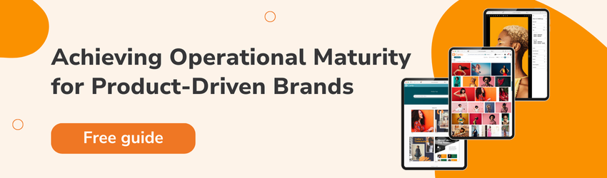 An orange Canto banner that reads "Achieving Operational Maturity for product-driven brands - free guide" with a three tiered image of ipads with dam libraries full of models over fun background colors 
