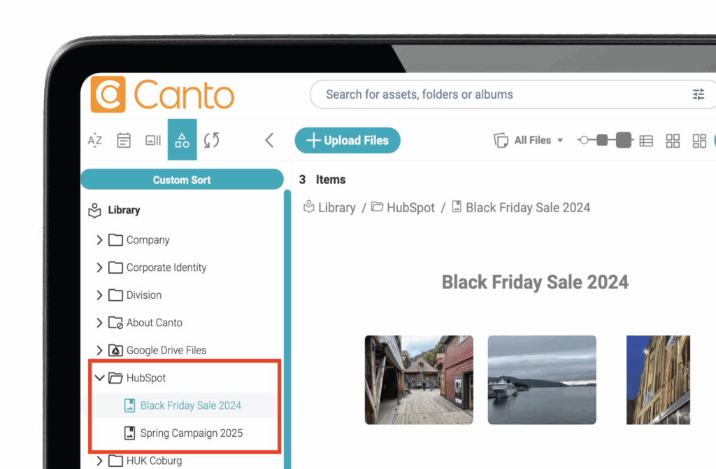 An image of a Canto digital asset library system with a red box around the Hubspot integration within their digital asset library used for organizing the "Black Friday Sale 2024"