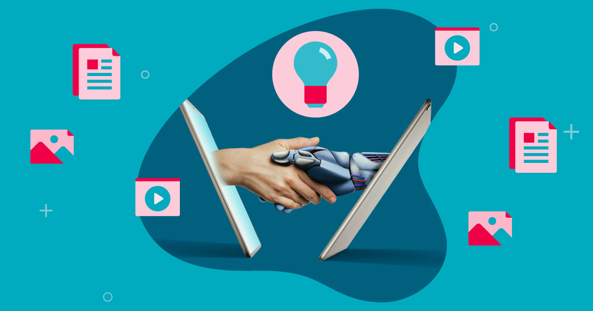 Conceptual image showing a human hand shaking a robotic hand through laptop screens, surrounded by icons of media files—visually representing collaboration between humans and AI and emphasizing how to humanize AI content across digital channels.