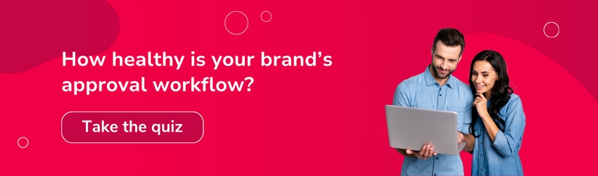 Red canto banner with text that reads: "how healthy is your brand's approval workflow? - take the quiz" with two people in blue shirts looking a a laptop