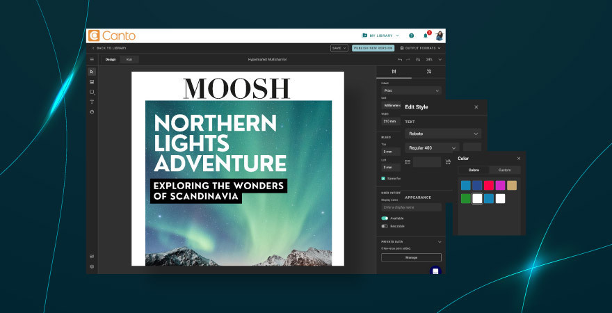 Image of brand template in creation inside Canto Brand Studio interface over a blue background.