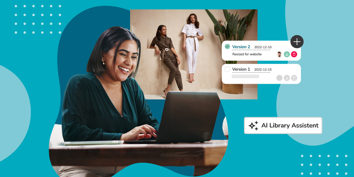 Marketing professional smiling while working on a laptop with visuals of creative assets, showing AI Library Assistant managing image versions — symbolizing agency efficiency and operational resilience.