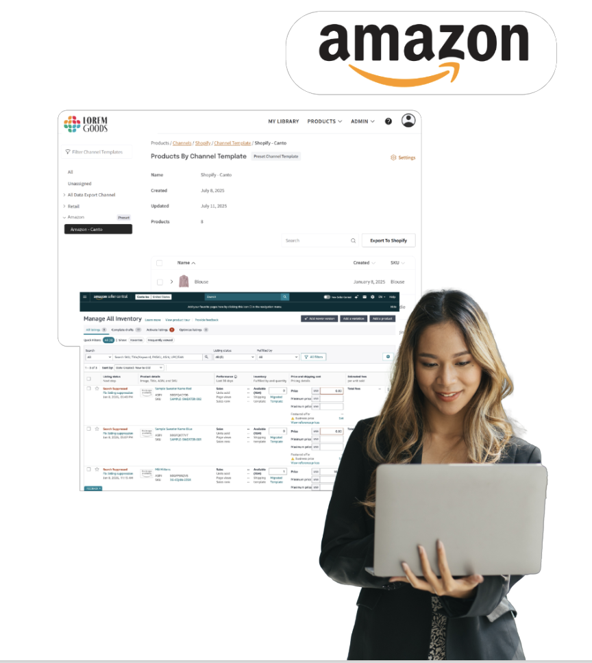 Woman on computer next to an Amazon logo with a product inventory page importing or exporting product information to Amazon.