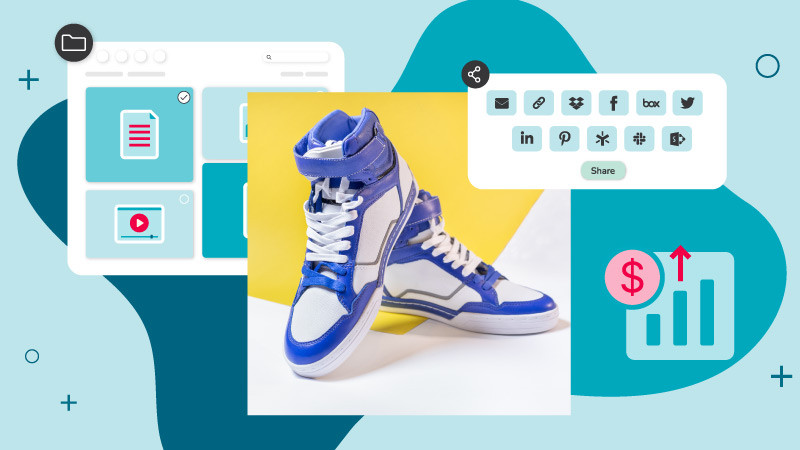 A layered image of blue and white tennis shoes with illustrated images of a DAM system, sales and sharing options all over a blue background