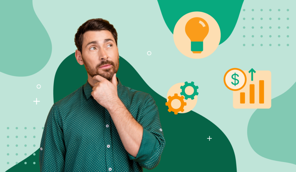A man in a green shirt looks curious with illustrated orange icons of a lightbulb, sales and gears float around all over a green background