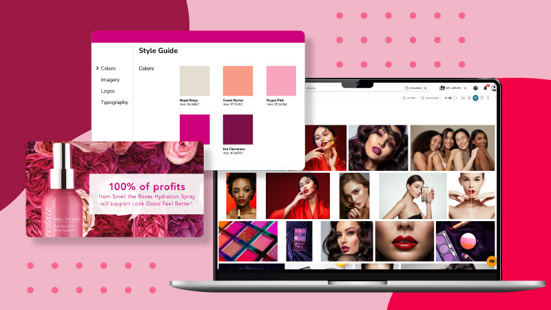 An image of a DAM library for a cosmetic company with layered images of an ad for hydration spray, the brands style guide and images of models in fun makeup, all over a red background