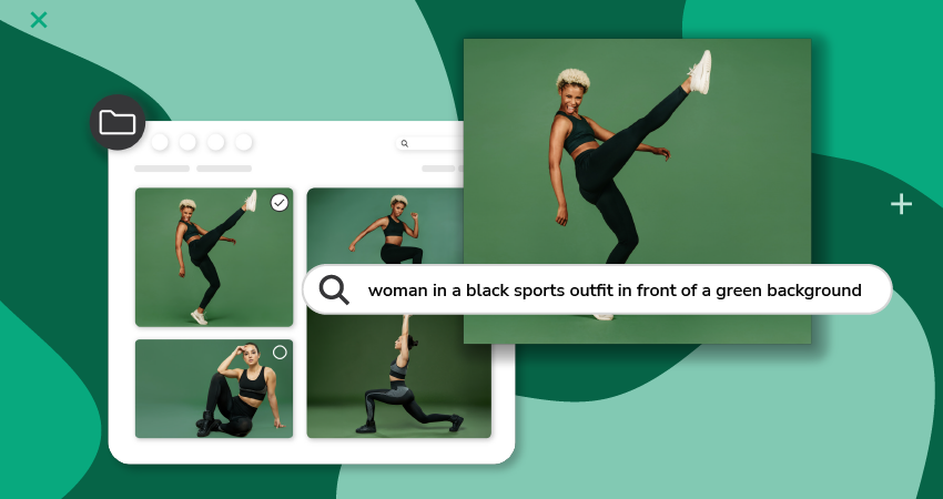 Asset library interface displaying sports photography with visual search query overlay, highlighting digital asset manager jobs involving AI-powered search and asset discovery.
