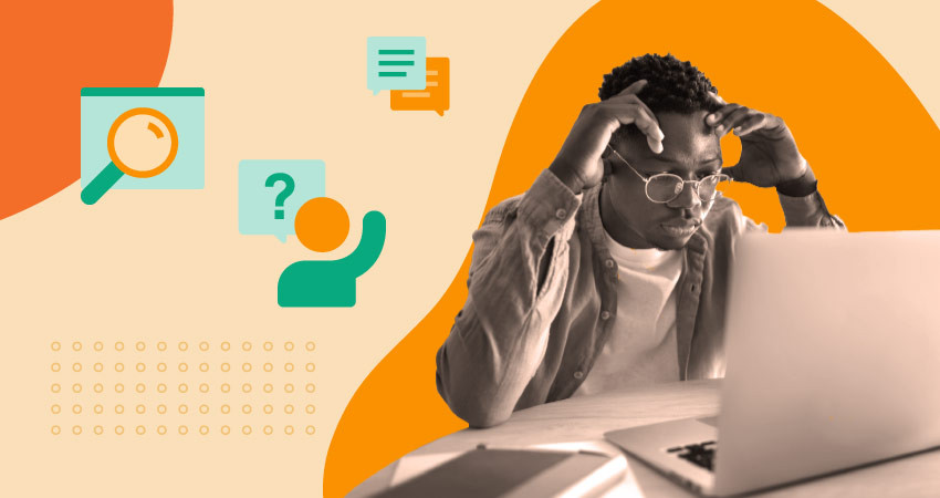 A man with glasses looks concerned at his laptop with green icons of comments, asking questions and a magnifying glass over an orange background.