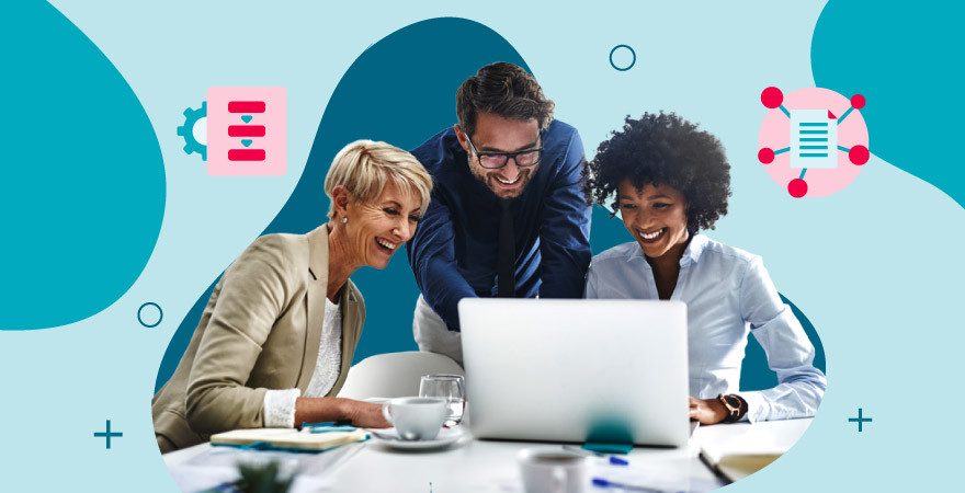 Three people on a laptop with illustrated red icons of DAM workflow and data share all over a blue background.