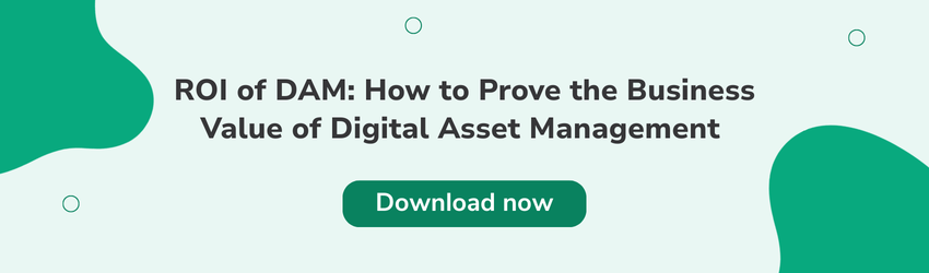 A green canto banner with a text block that reads: ROI of DAM: How to prove the business value of digital asset management - download now"