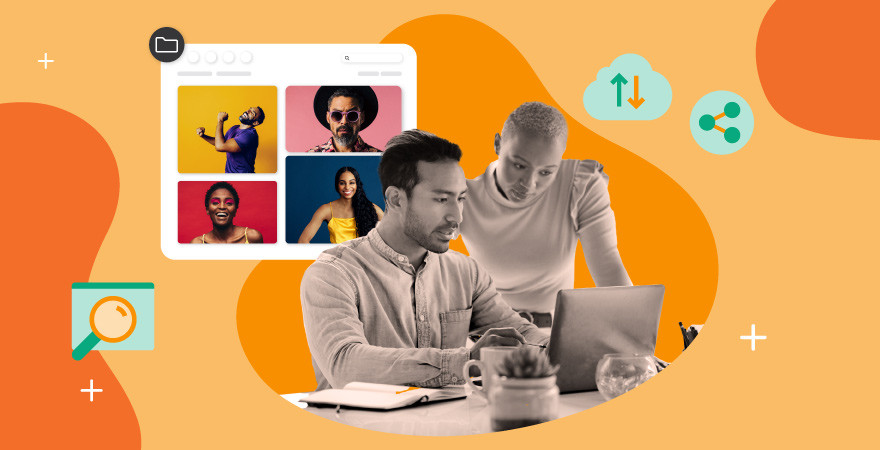 Two people look at a laptop with an image library open with models with fun background colors lay behind, green icons of searching, cloud sharing and data float around all over an orange background