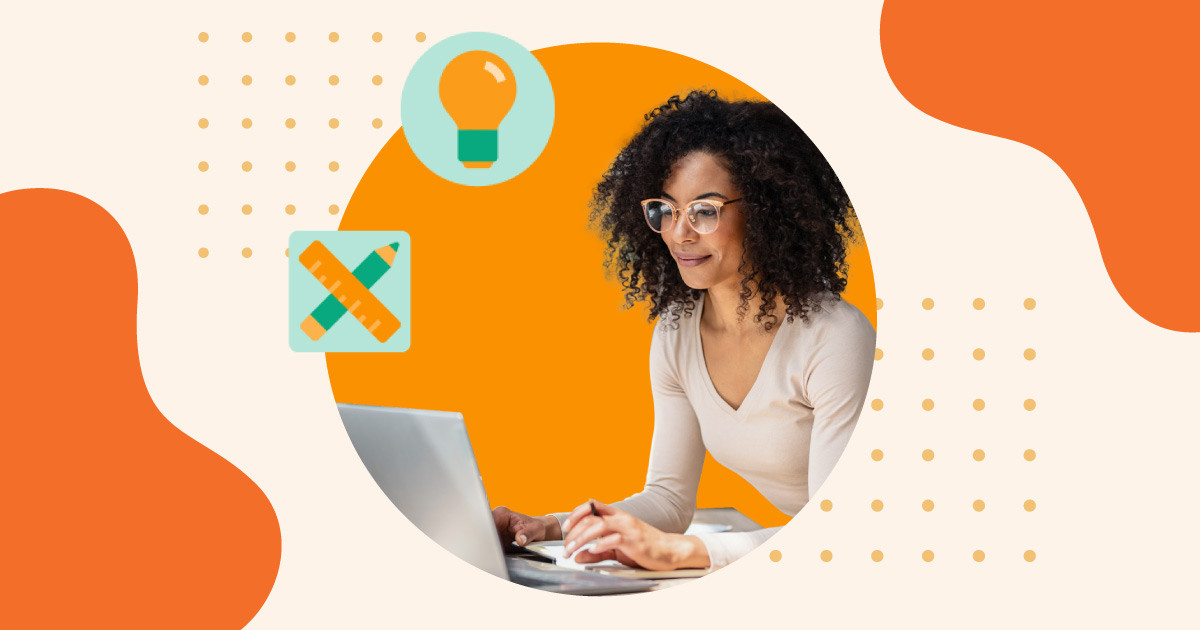 An image of a woman in a white shirt looks at her laptop with green icons of a lightbulb and ruler and pencil float above her all over an orange background