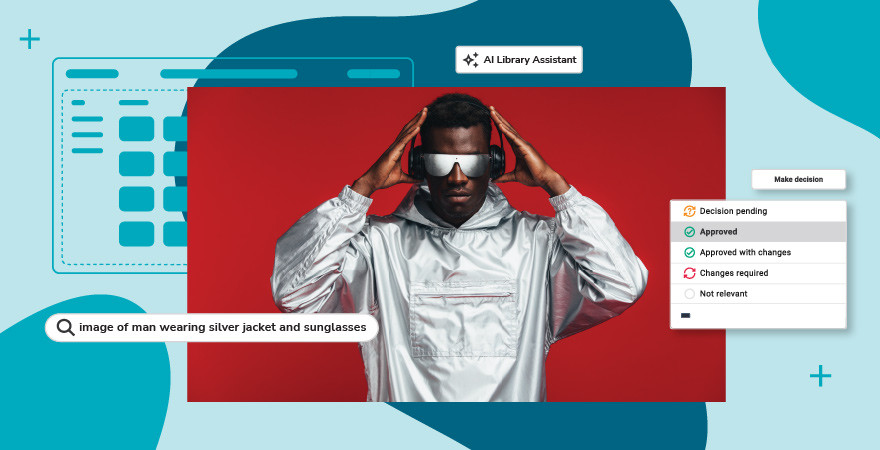 Man in future outfit with glasses and headphones modeling overtop of red background within Canto DAM software being read by AI Library Assistant, AI Visual Search, and Approval Hub.