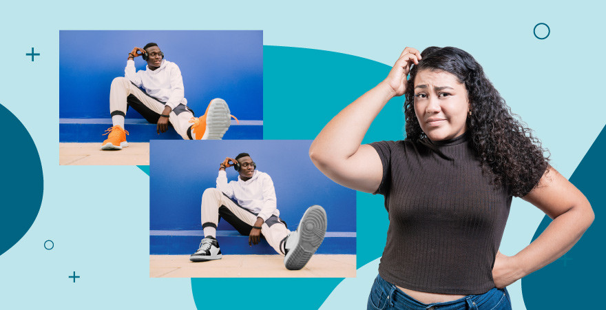 an image of a woman in a black top looking confused with two images of the same model but one with orange shoes and one with gray all over a blue background.