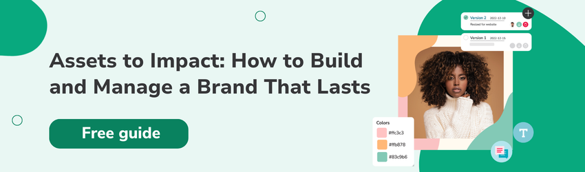 A green Canto banner that reads "Assets to Impact: How to build and manage a brand that lasts - free guide" with an image of a model in a white sweater with illustrated icons of style guides floating around