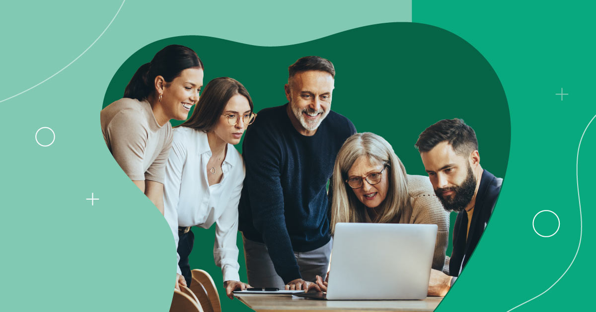 An image of five people standing over a computer all over a green background