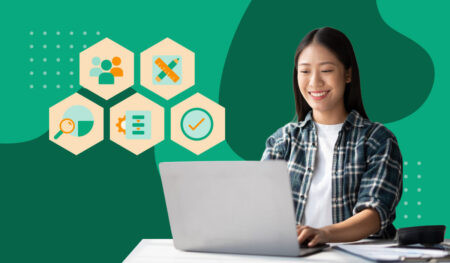 Woman checking usage reports on laptop over green background. Icons representing usage statistics float in front of her.