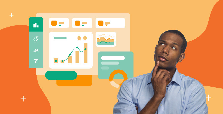 Man contemplates usage report stats, green charts hover over an orange background.