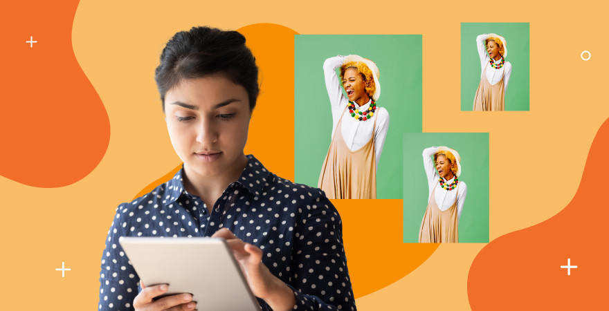 A woman reviews multiple versions of a the same document. Images of a model float on an orange background.