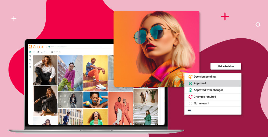 Media Library with colorful, abstract model photos on a pink background