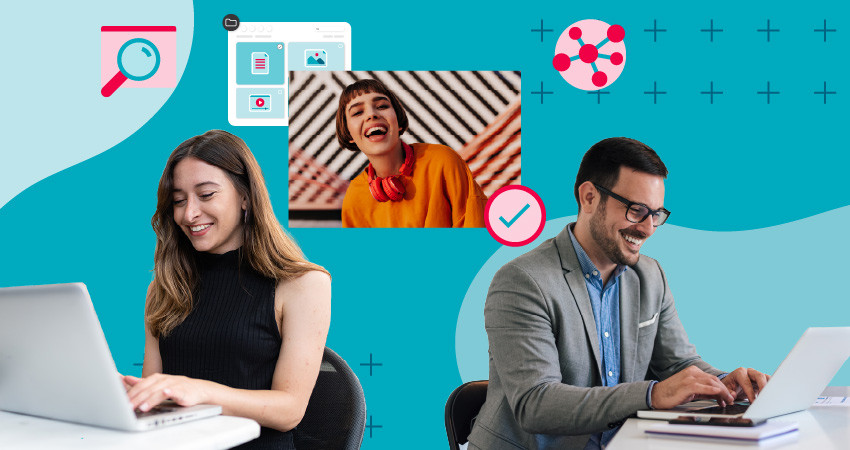 Two people working on laptops; icons representing search, approvals, cloud-based DAM, and sharing, hover between them over a blue background.